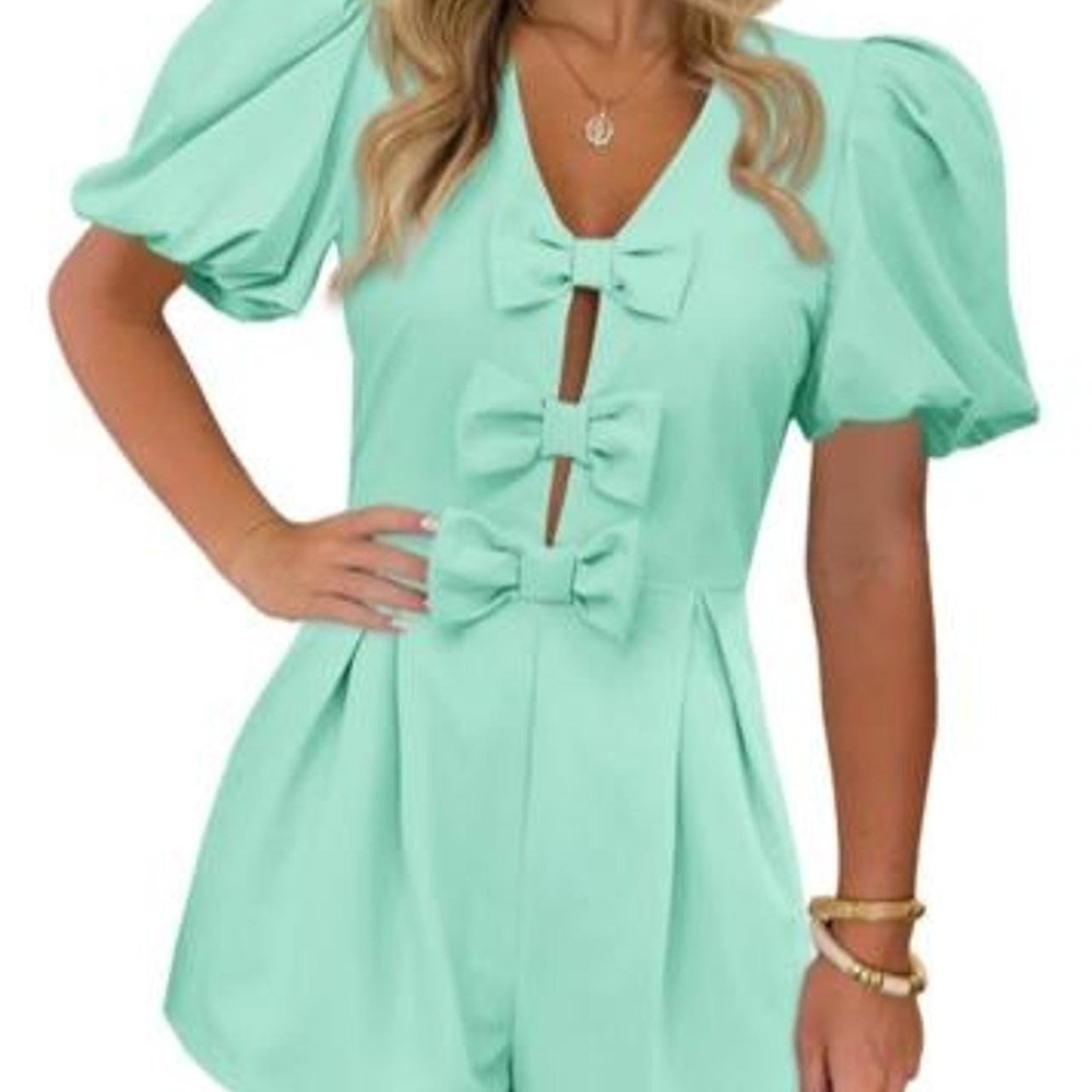 Cicy Bell Womens Cute Romper Bow Front Puff Sleeve V Neck Short Jumpsuit